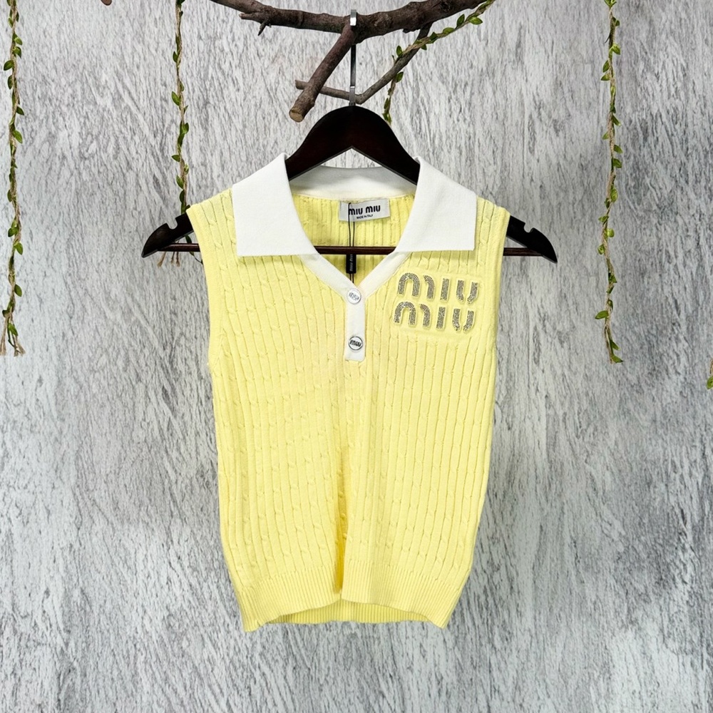 Miu Miu Pale Yellow Sleeveless V-Neck Polo Sweater with White Collar